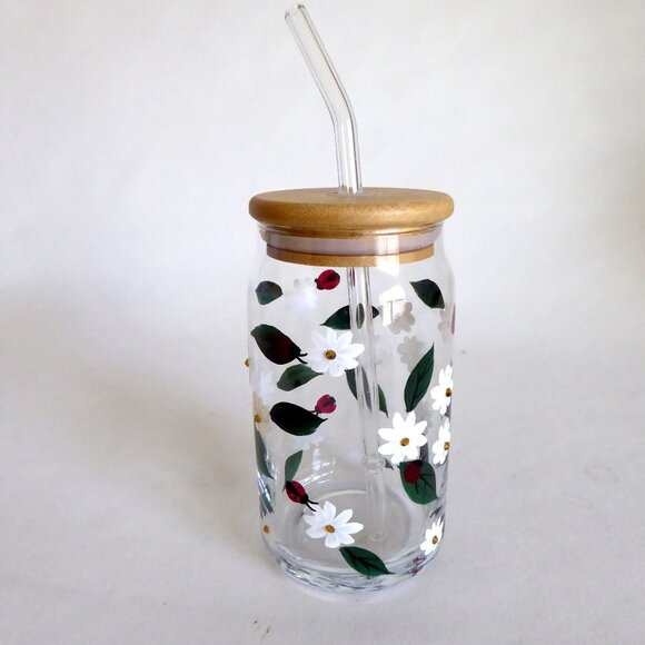NEW 16oz HAND PAINTED DAISY FLOWER LADY BUGS BEJEWELED GLASS SIPPER W/ STRAW - Picture 3 of 13